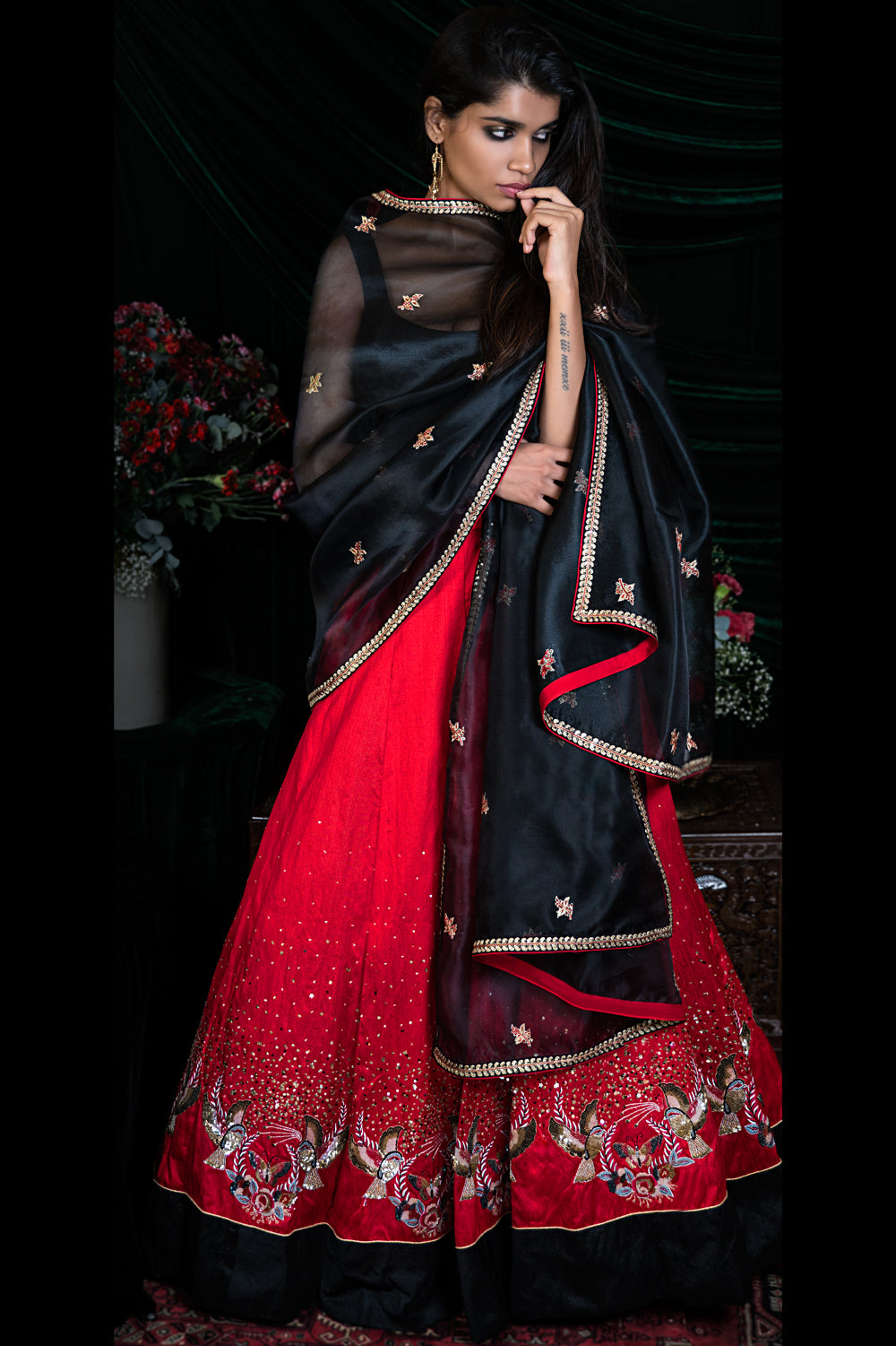 RED MOON NIGHTINGALE LEHENGA AND BLOUSE — Shimai Jayachandra